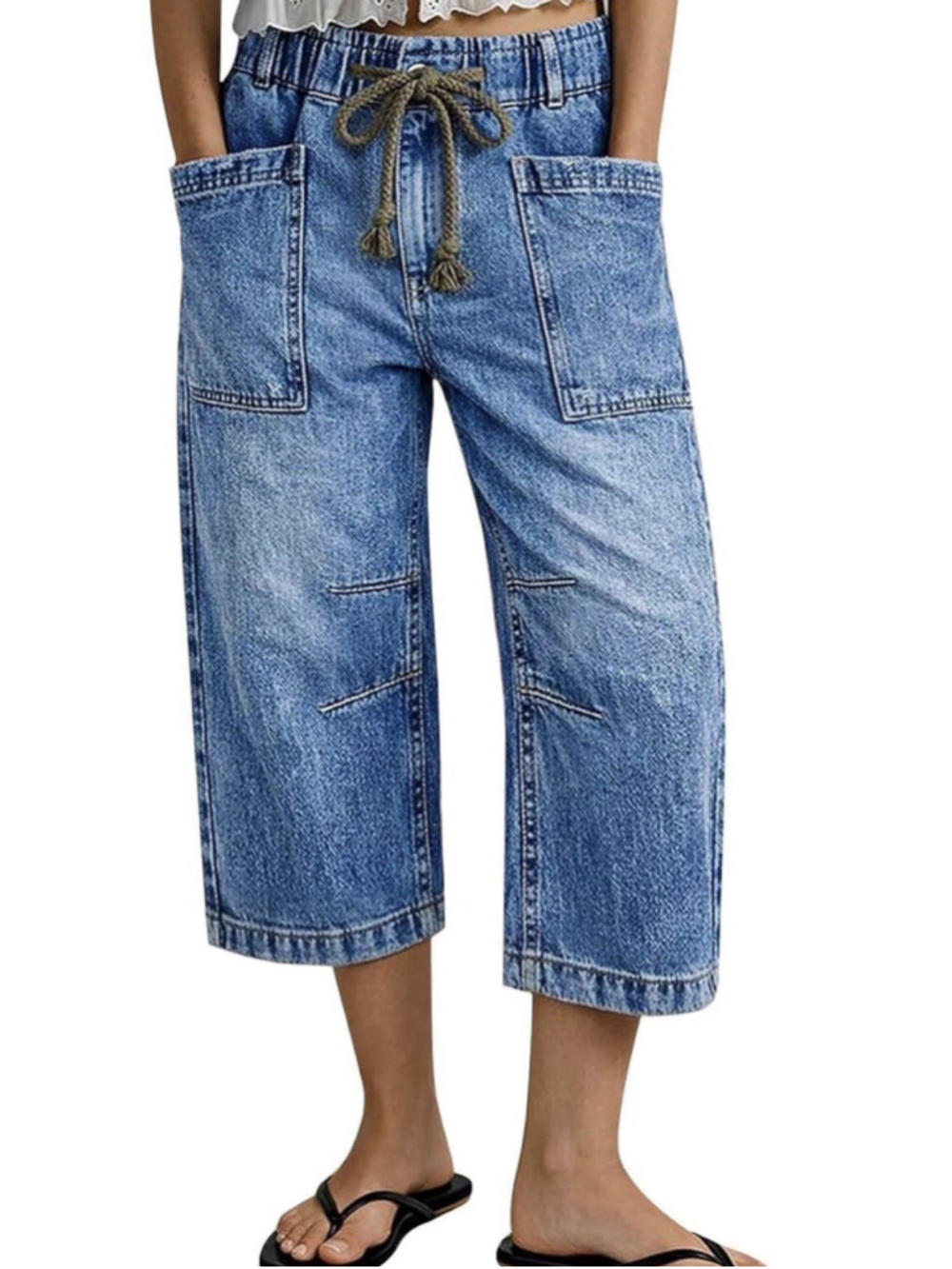 Flamingals Mid Waist Drawstring Barrel Leg Capri Jeans for Women XL